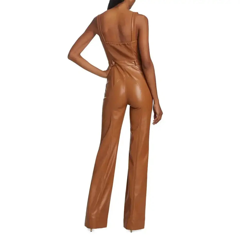 Women’s Camel Brown Buttoned Front Vegan Leather Jumpsuit-3