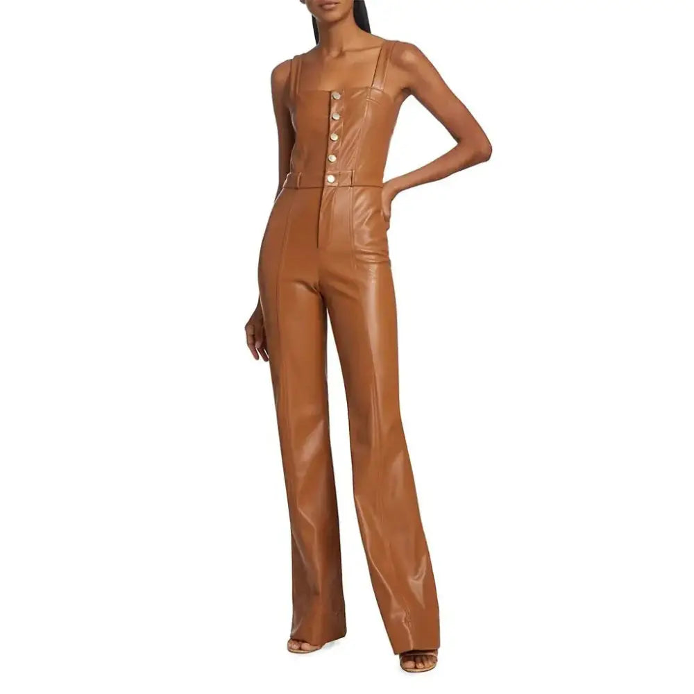 Women’s Camel Brown Buttoned Front Vegan Leather Jumpsuit-1