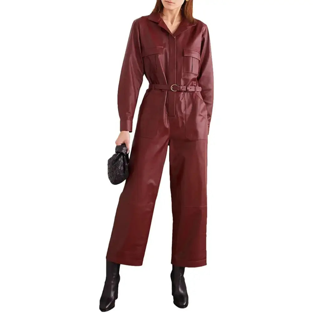 Women’s Cherry Red Leather Jumpsuit-0