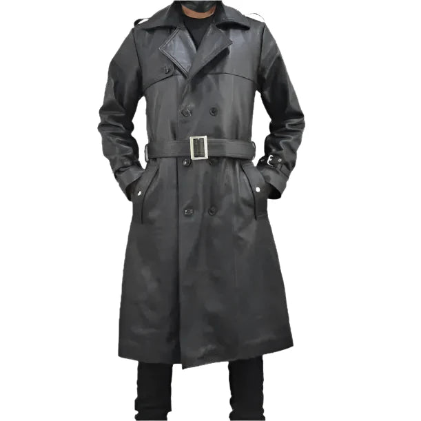 Men’s Black Leather Trench Coat-0