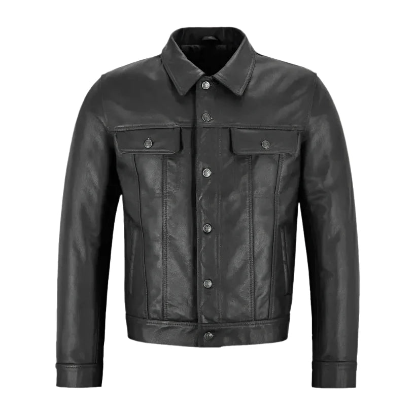 Men’s Black Western Leather Trucker Jacket-0