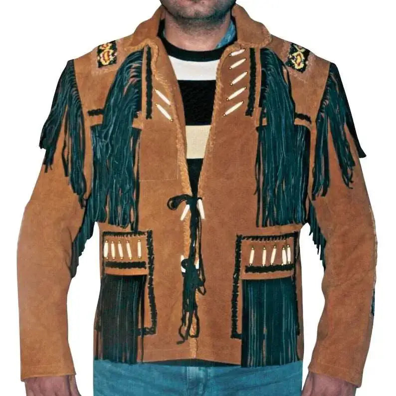 Men’s Cowboy Western Fringed Leather Jacket-0