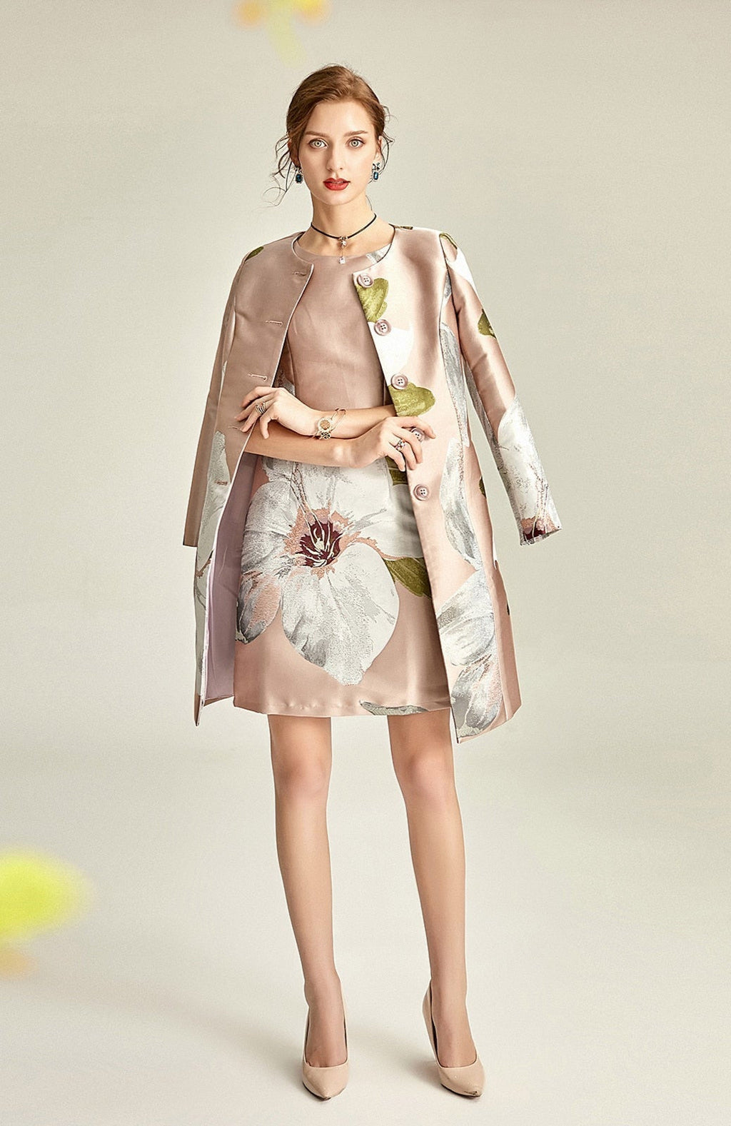 The Dusty Pink Floral Brocade Mum Dress Suit-1