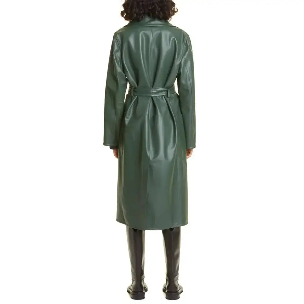 Women's Elegant Green Wrap Leather Coat-2