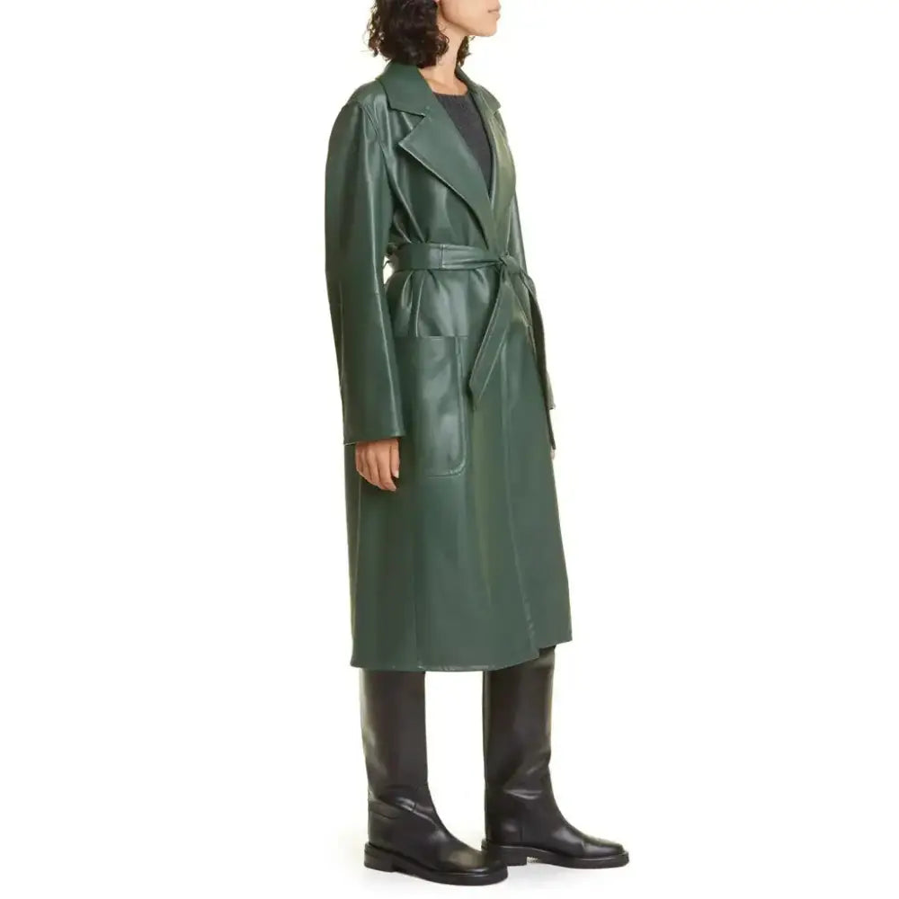 Women's Elegant Green Wrap Leather Coat-3