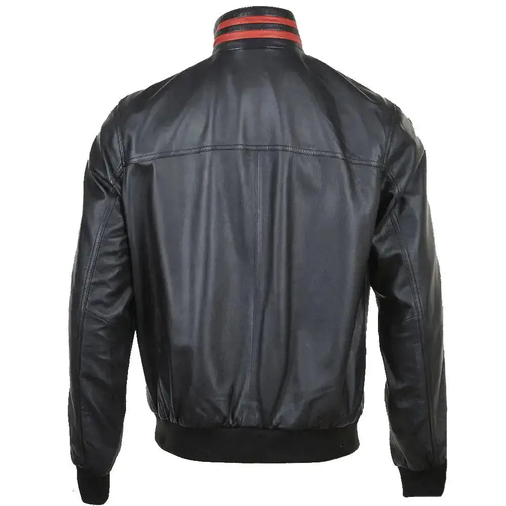 Men’s Red Leather Bomber Jacket with Striped Collar-1