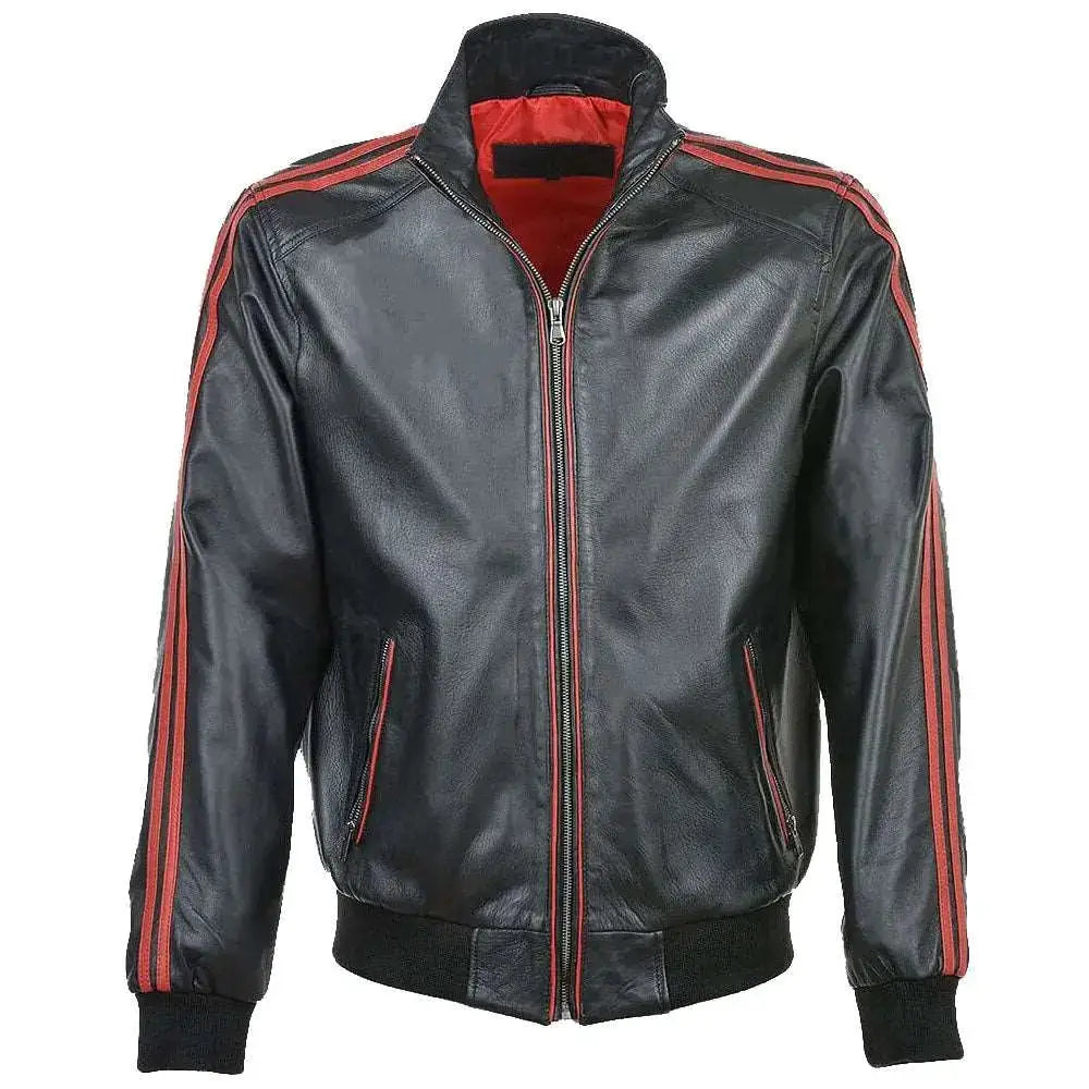 Men’s Red Leather Bomber Jacket with Striped Collar-0