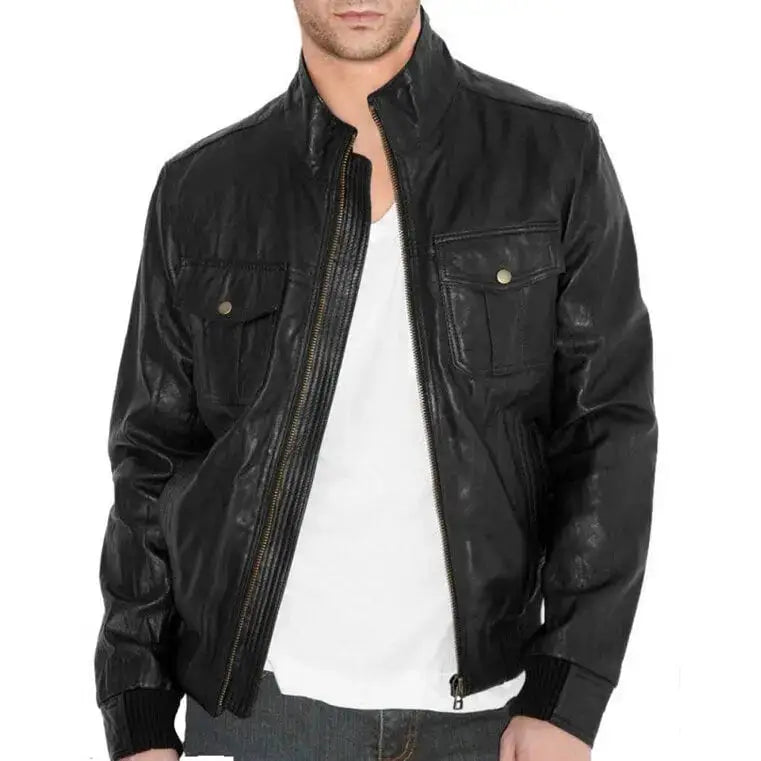 Men’s Black Leather Bomber Jacket-0