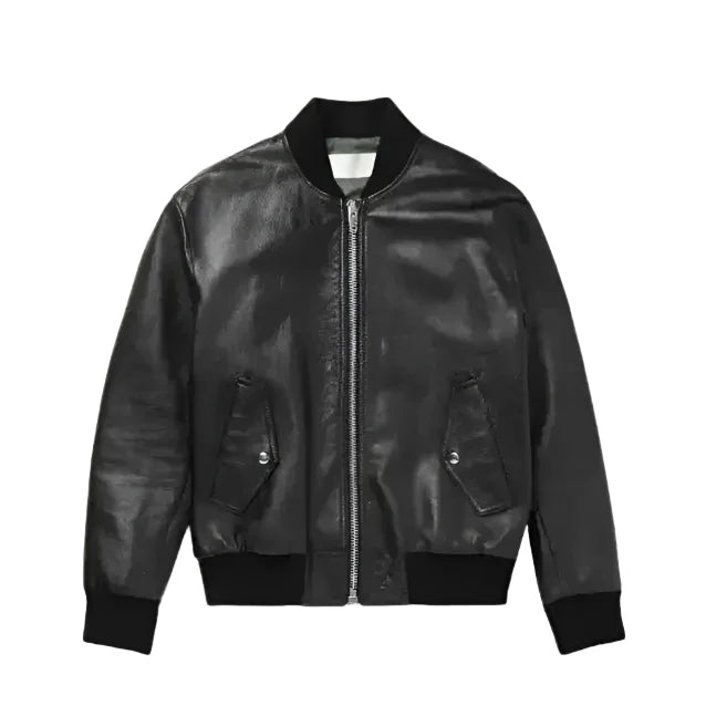 Men’s Genuine Black Leather Zip-Up Bomber Jacket-0