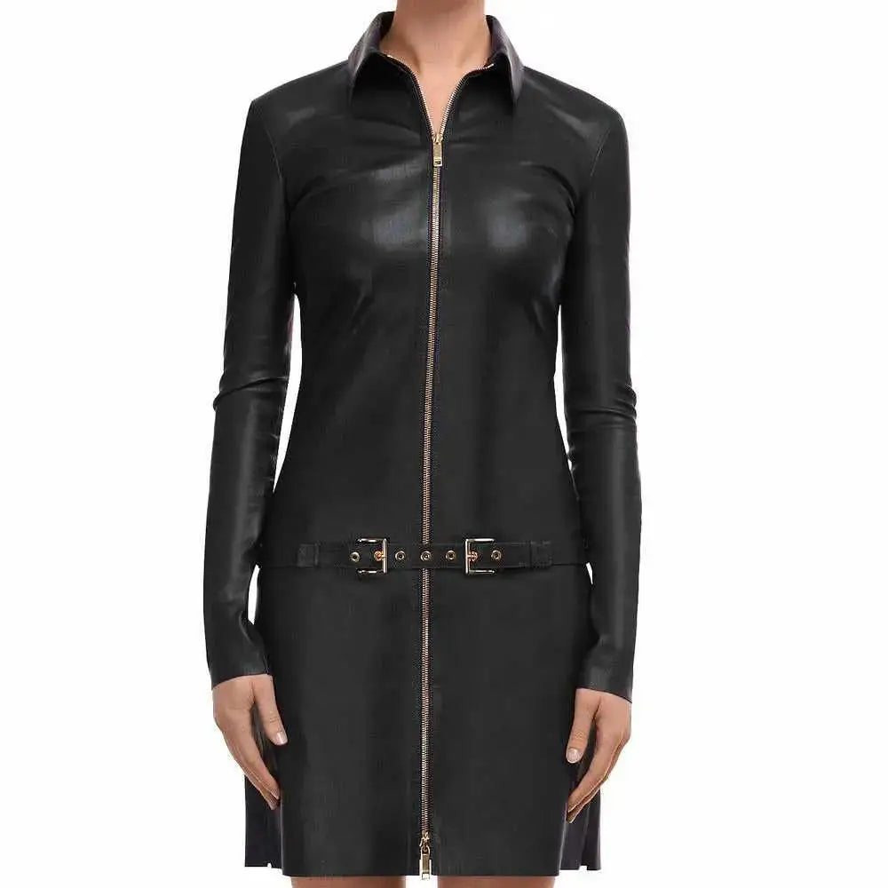 Women’s Black Leather Mini Party Dress-2