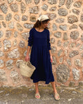 Navy Blue Linen Long Sleeve Midi Dress (syncee)-0