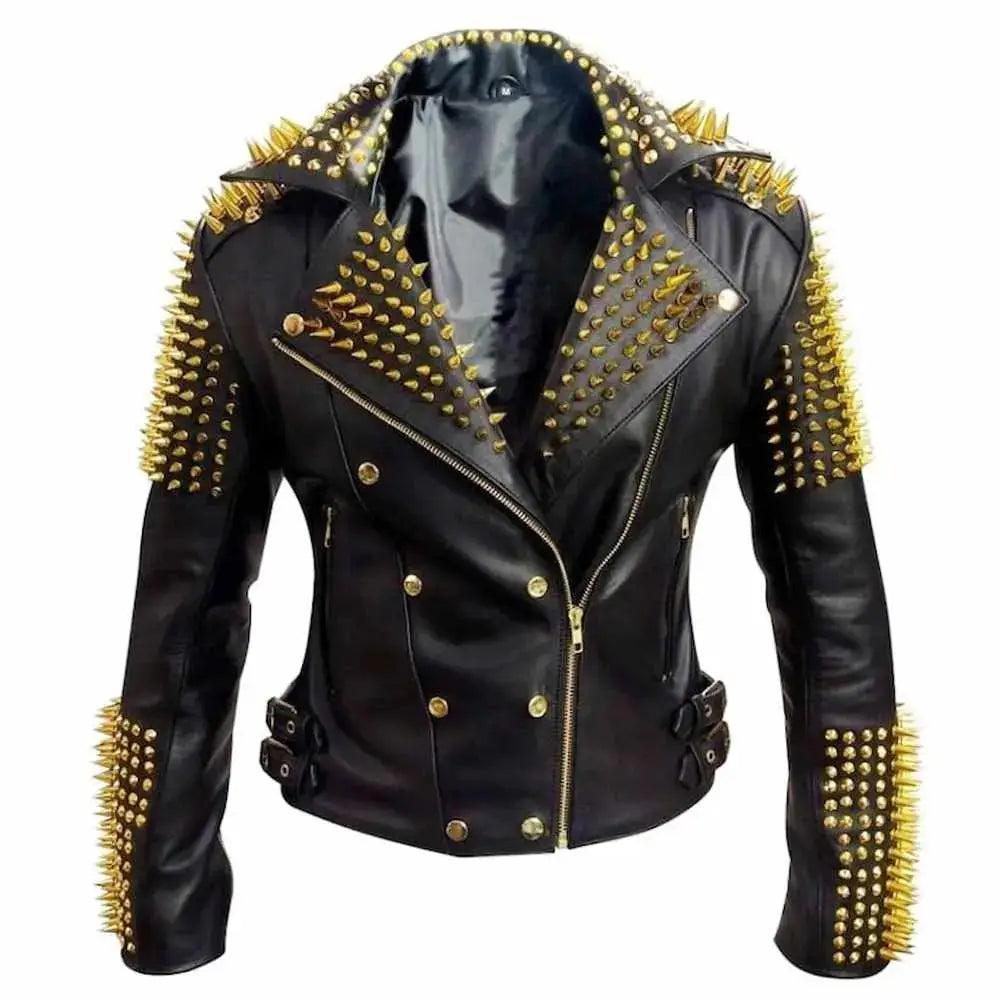 Men’s Studded Black Leather Motorcycle Jacket-0