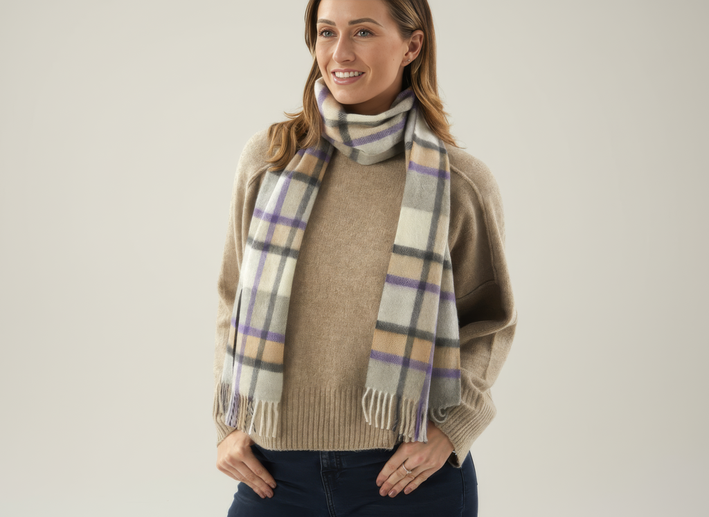 Grey, Purple and Camel Plaid Cashmere Scarf-2