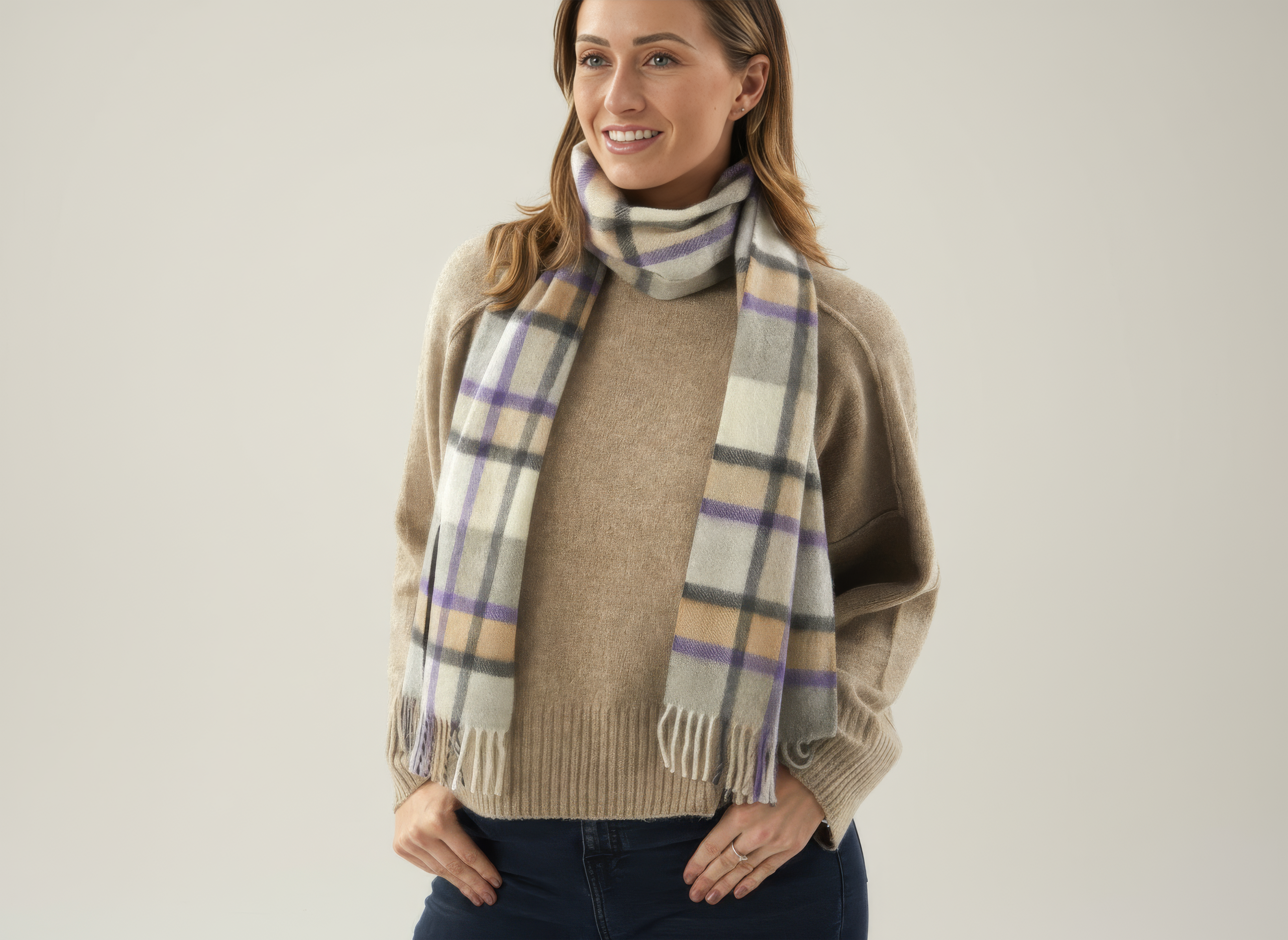 Grey, Purple and Camel Plaid Cashmere Scarf-2