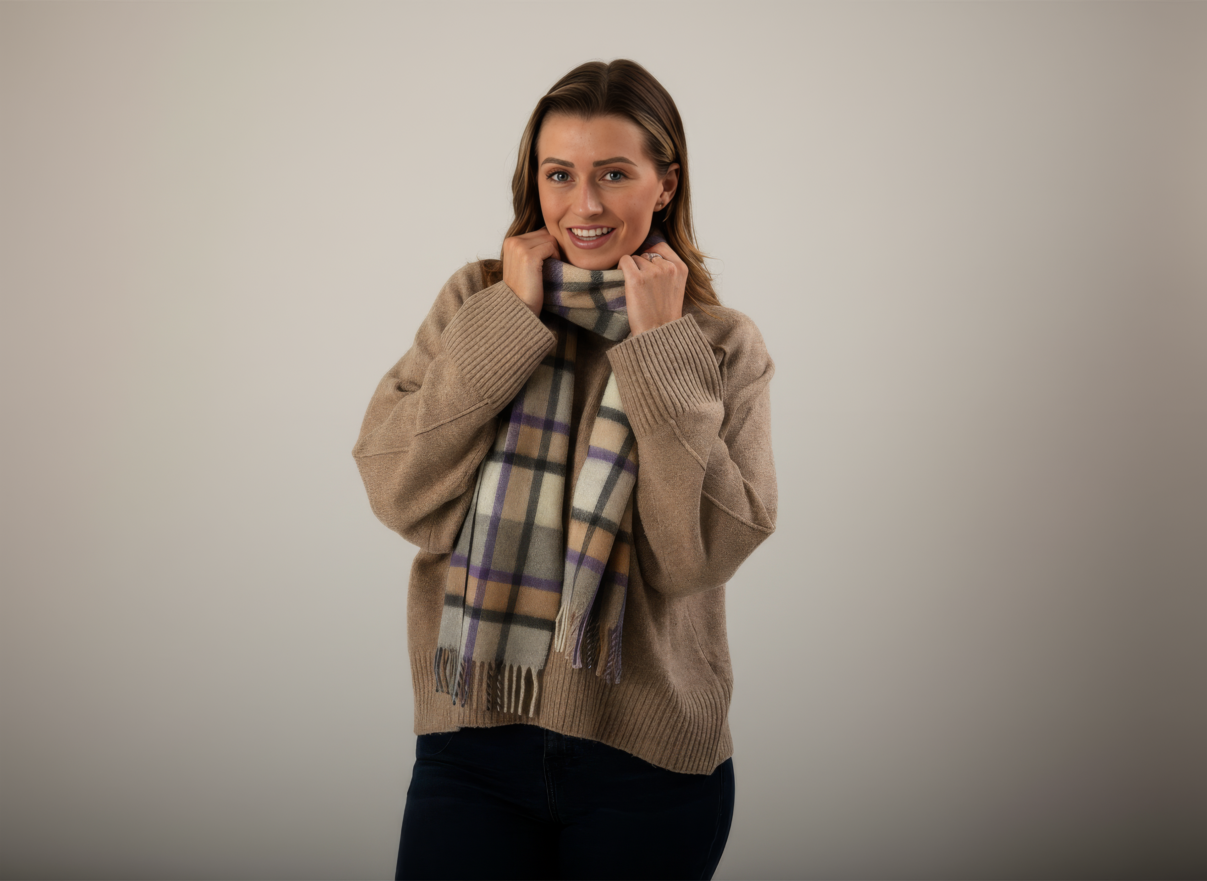 Grey, Purple and Camel Plaid Cashmere Scarf-0