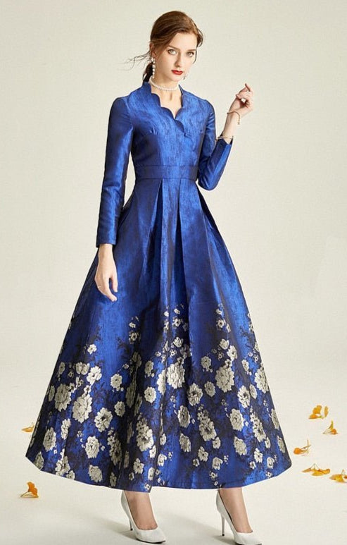 The Blue Floral Brocade Formal Mum Dress - Long Sleeves-2