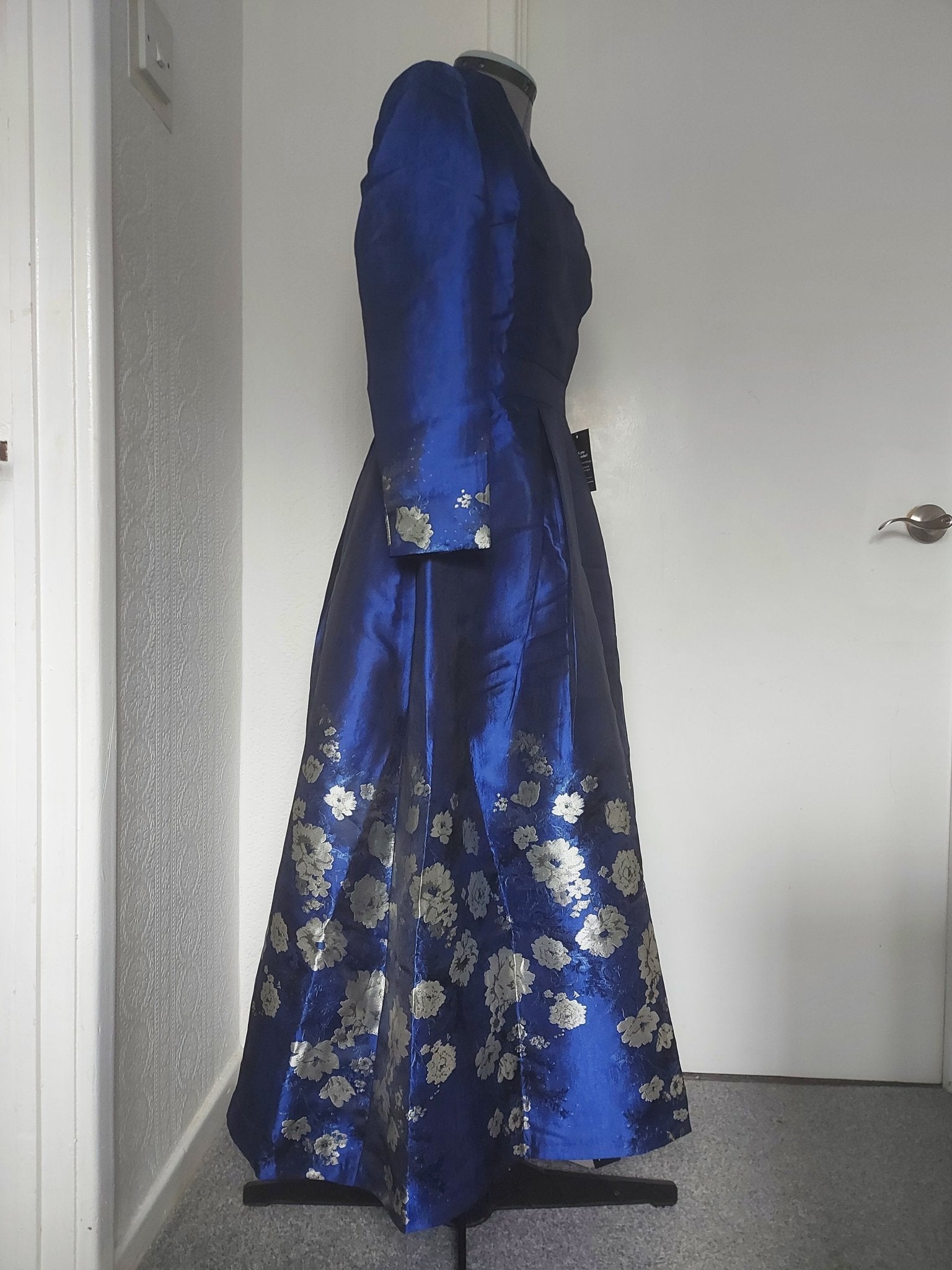 The Blue Floral Brocade Formal Mum Dress - Long Sleeves-3