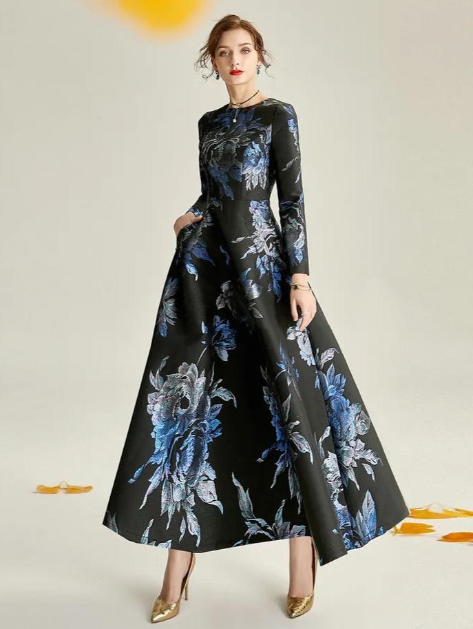 The dark blue jacquard formal mum dress-1