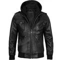 Men’s Hooded Genuine Black Leather Bomber Jacket-0
