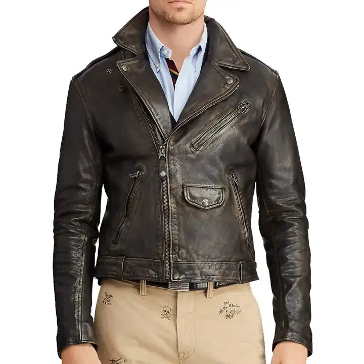 Men’s Iconic Cowhide Leather Biker Motorcycle Jacket-0