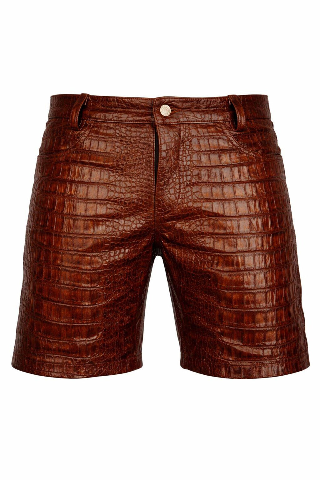 Men’s Brown Crocodile Embossed Leather Shorts-0