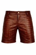 Men’s Brown Crocodile Embossed Leather Shorts-0