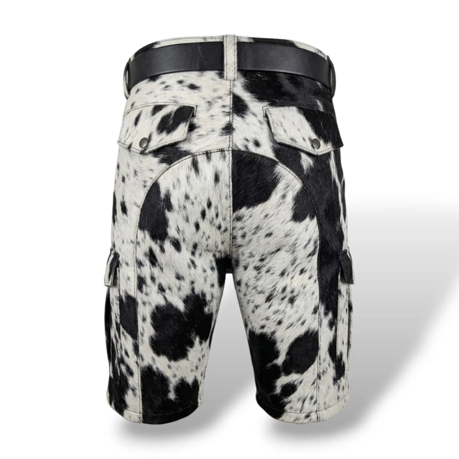 Men’s Black & White Hair-on Cowhide Leather Cargo Shorts-2