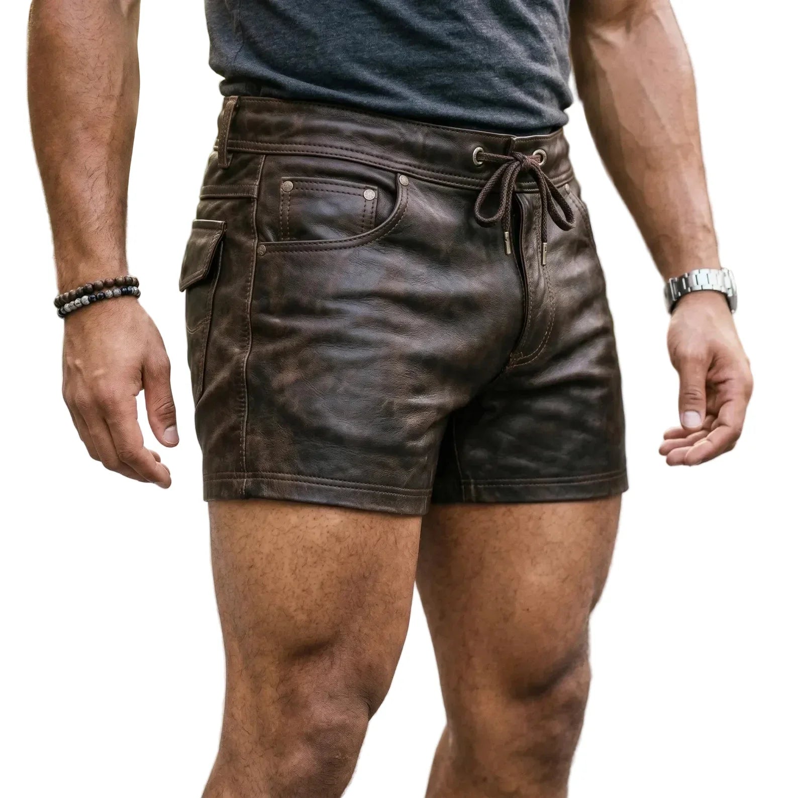Men’s Handmade Men's Brown Cowhide Leather Biker Shorts-1