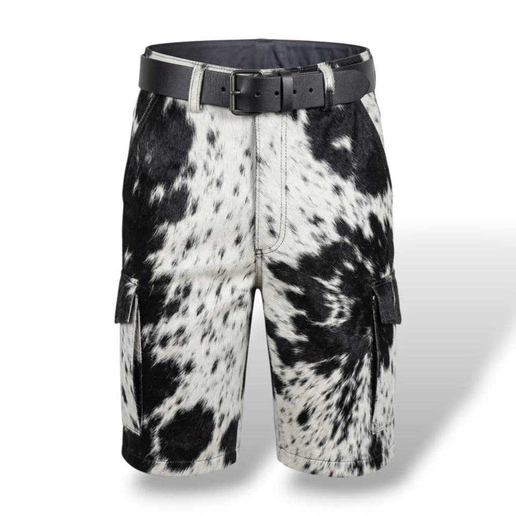 Men’s Black & White Hair-on Cowhide Leather Cargo Shorts-0