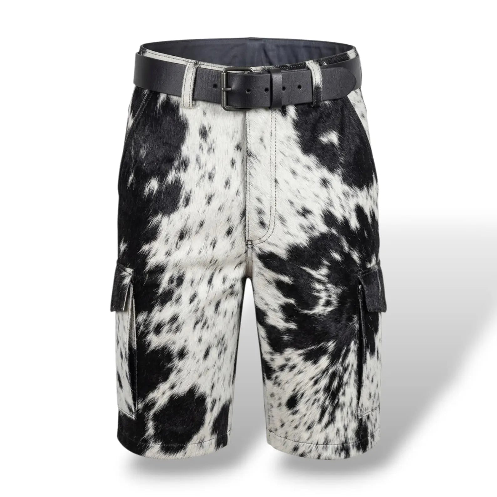 Men’s Black & White Hair-on Cowhide Leather Cargo Shorts-0