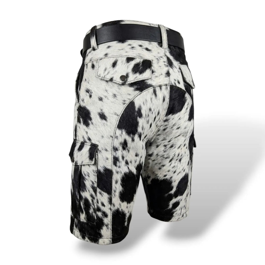 Men’s Black & White Hair-on Cowhide Leather Cargo Shorts-1