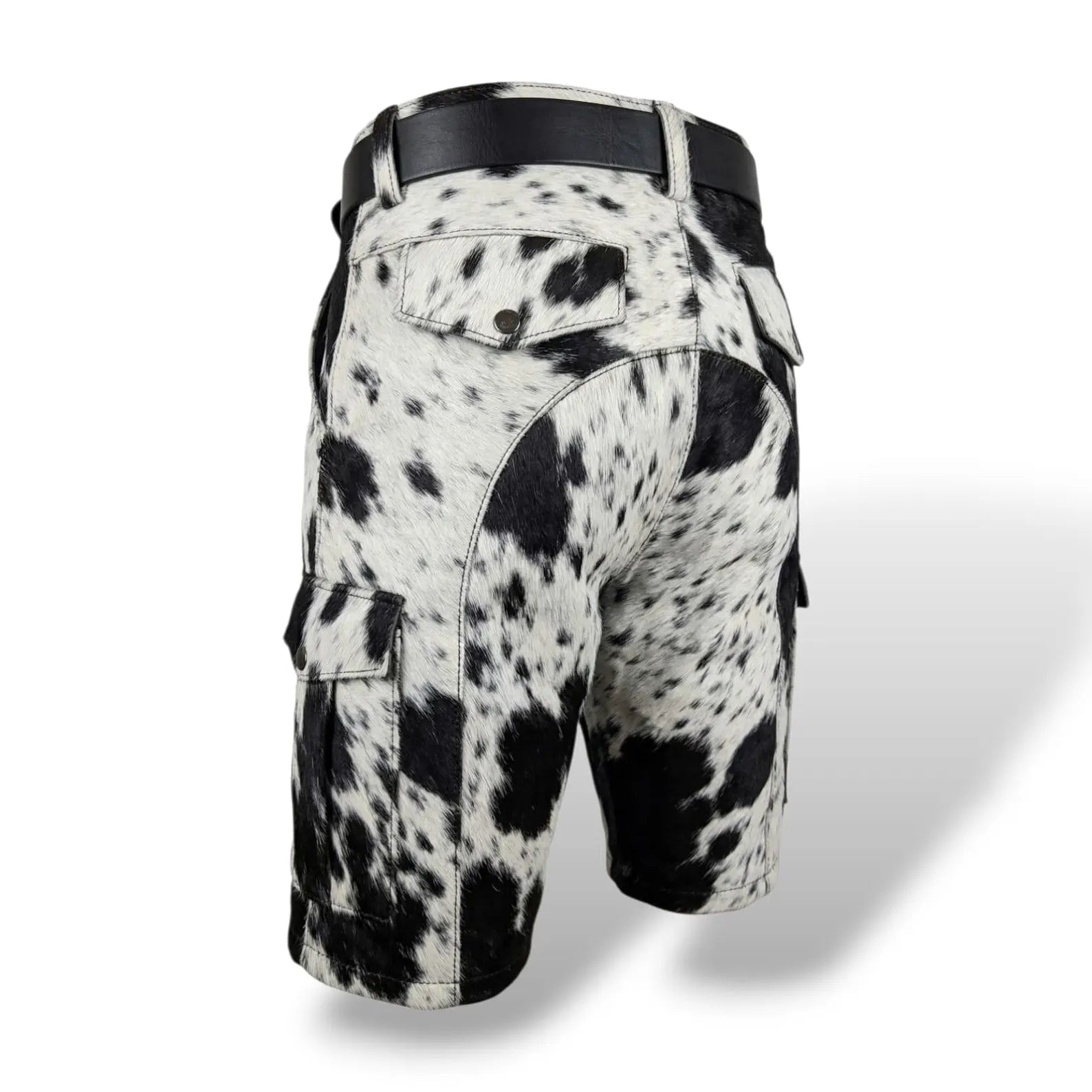 Men’s Black & White Hair-on Cowhide Leather Cargo Shorts-1