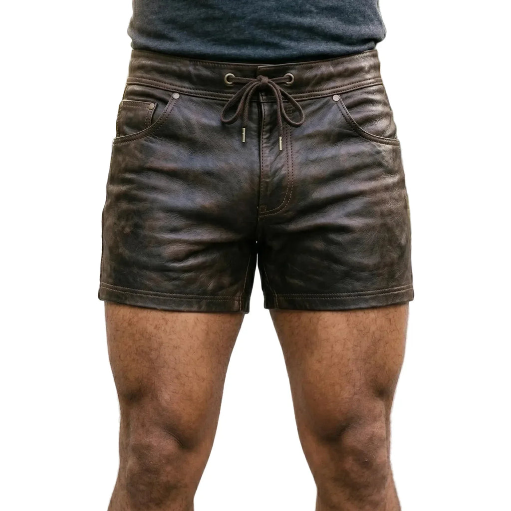 Men’s Handmade Men's Brown Cowhide Leather Biker Shorts-0