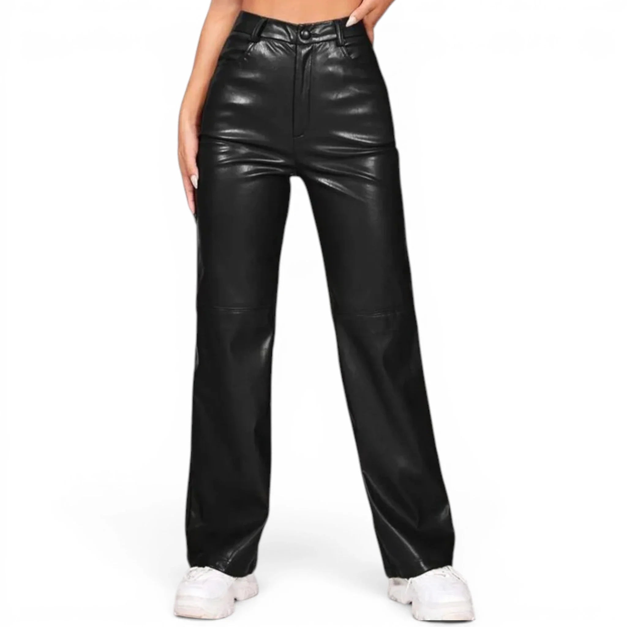Women’s High-Rise Waist Leather Pants-0