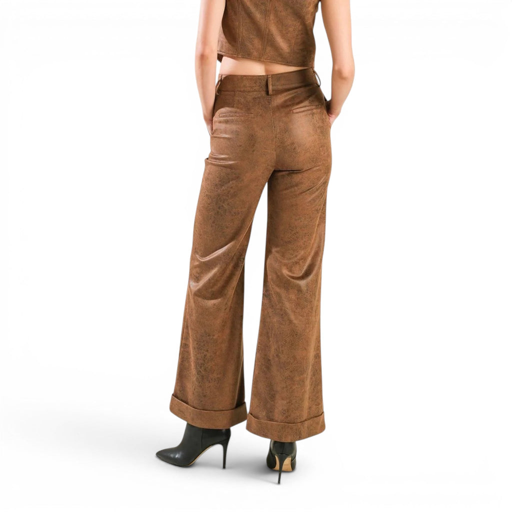 Women’s Brown Waxed Leather Wide Leg Pants-1