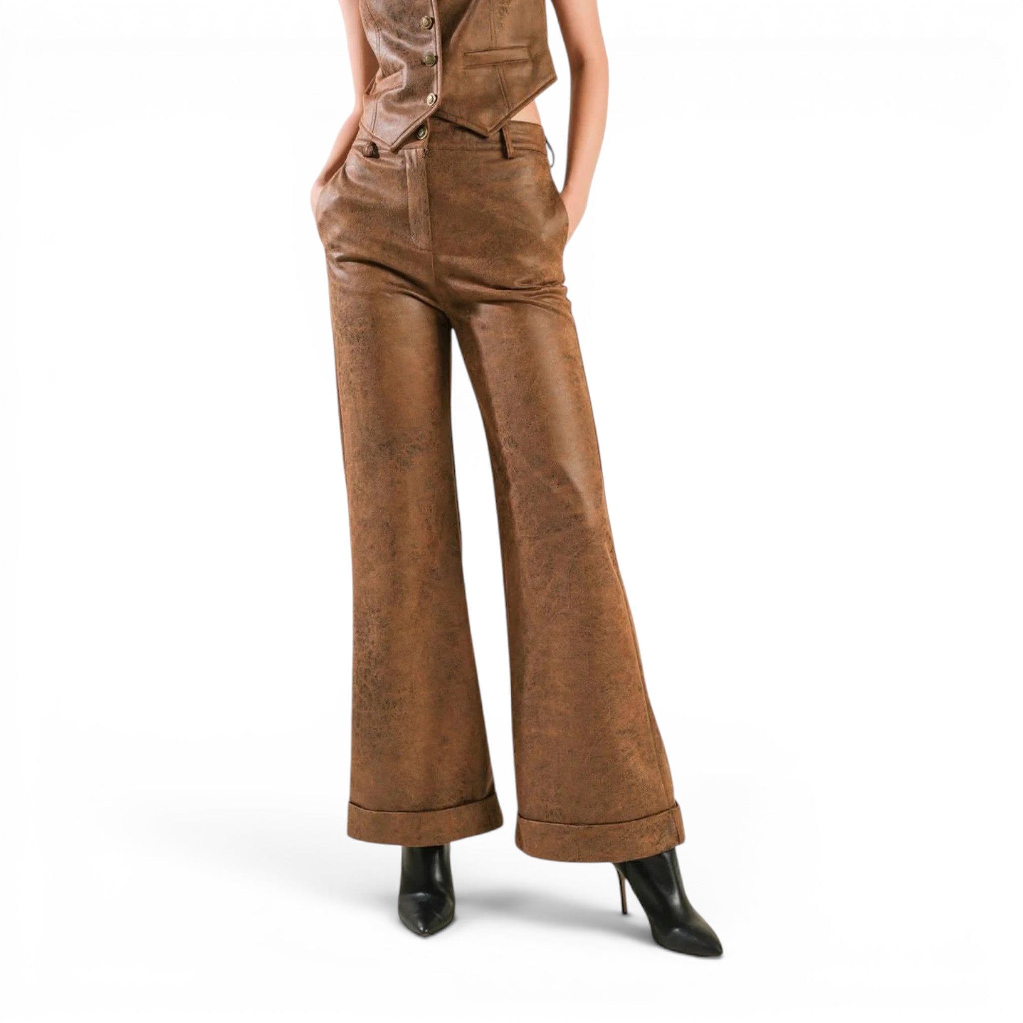 Women’s Brown Waxed Leather Wide Leg Pants-0