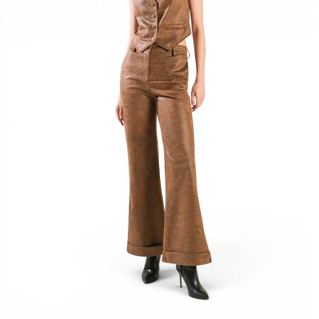 Women’s Brown Waxed Leather Wide Leg Pants-2