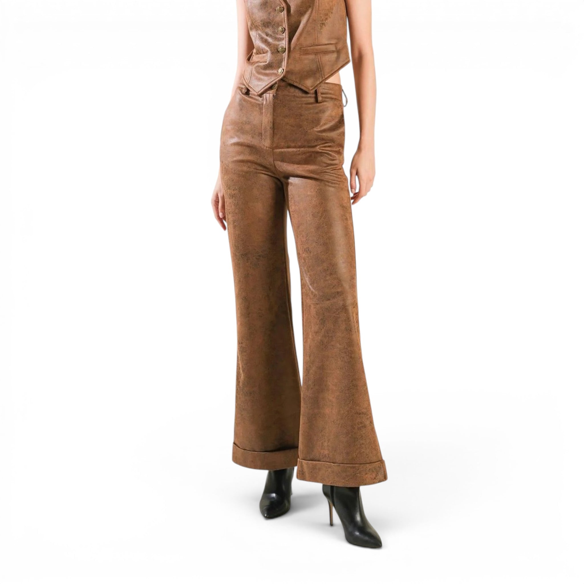 Women’s Brown Waxed Leather Wide Leg Pants-2