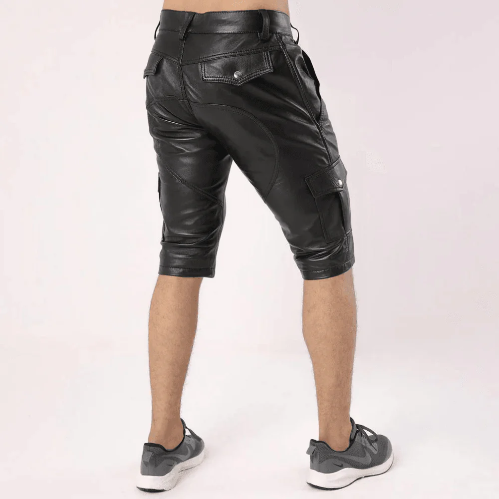 Men’s Black Leather Cargo Biker Shorts-1