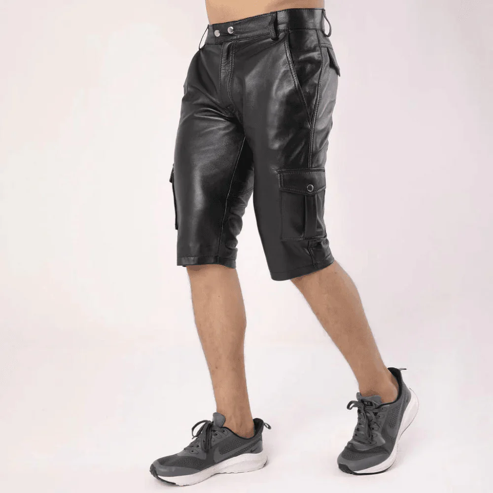 Men’s Black Leather Cargo Biker Shorts-2