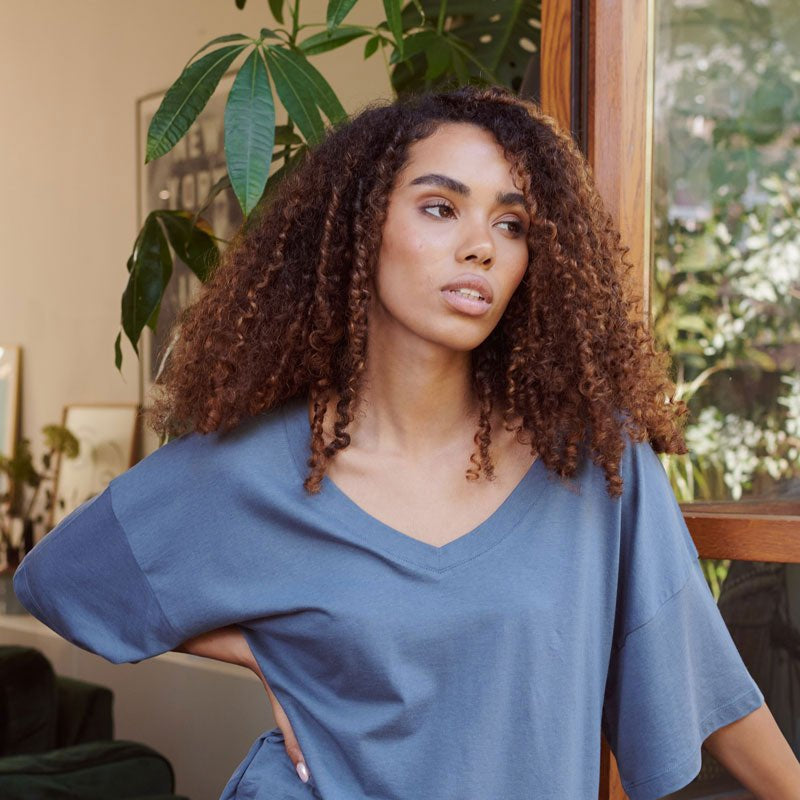 Ella Blue Over Sized V Neck T-Shirt-0