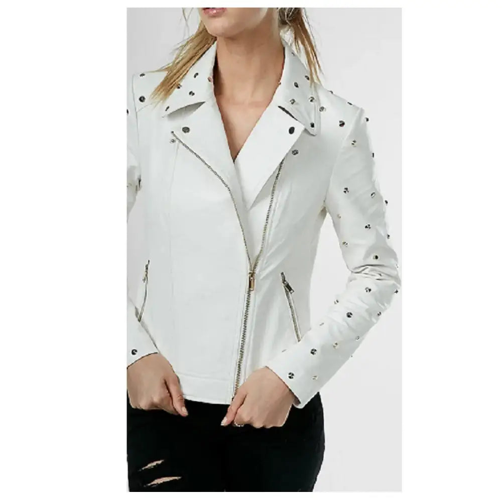 Women’s White Gold Studded Leather Jacket-0