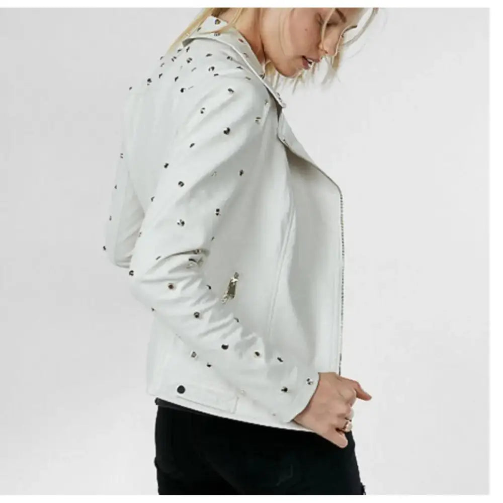 Women’s White Gold Studded Leather Jacket-1