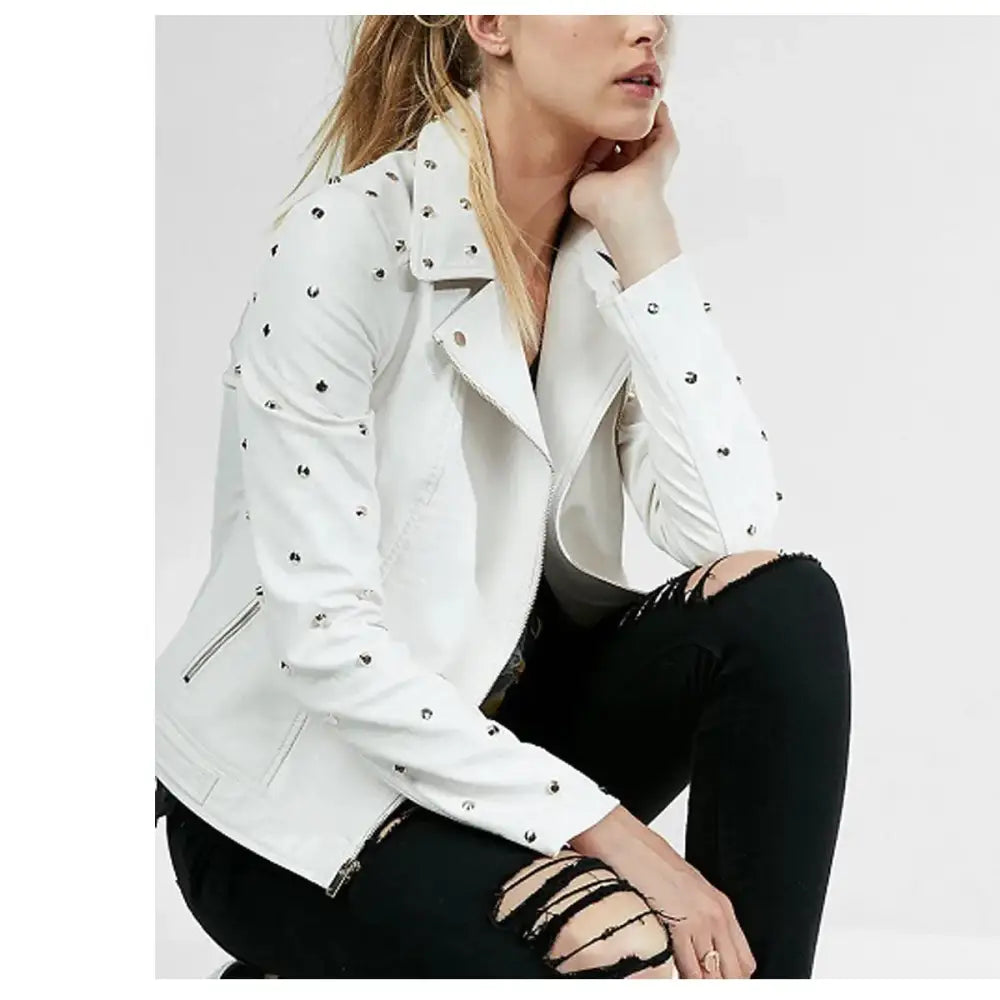 Women’s White Gold Studded Leather Jacket-3