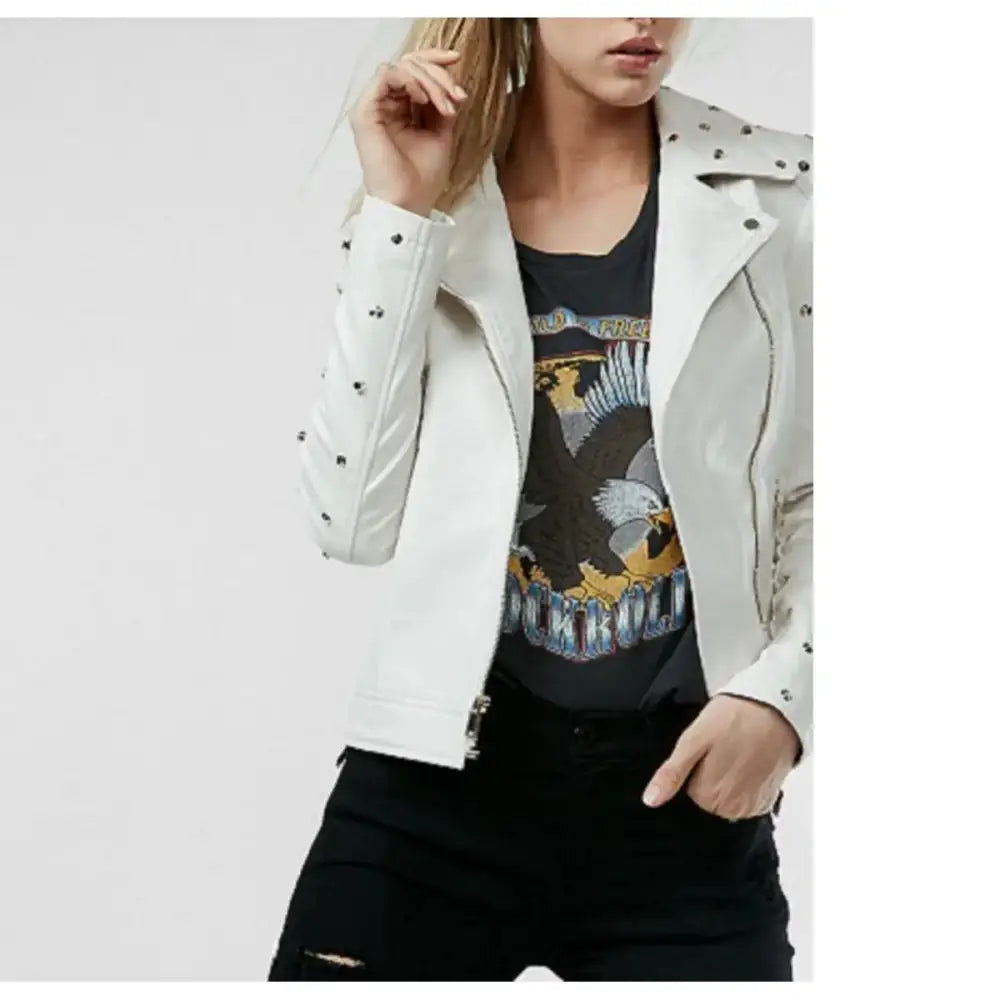 Women’s White Gold Studded Leather Jacket-2