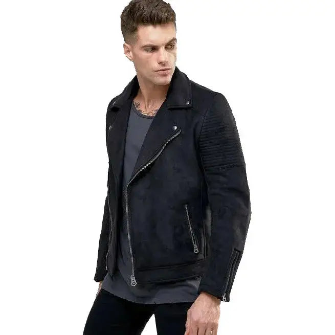 Men’s Black Suede Leather Motorcycle Jacket-0