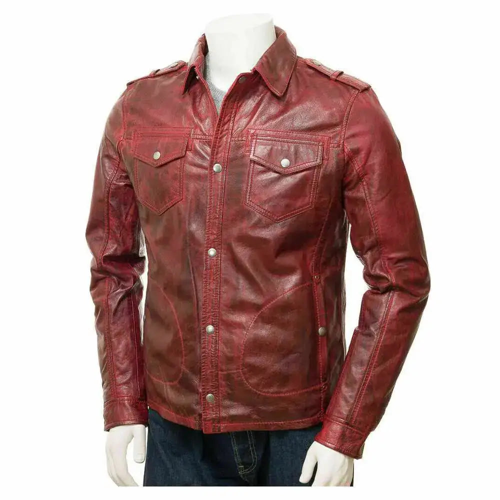Men’s Distressed Red Leather Biker Shirt-0