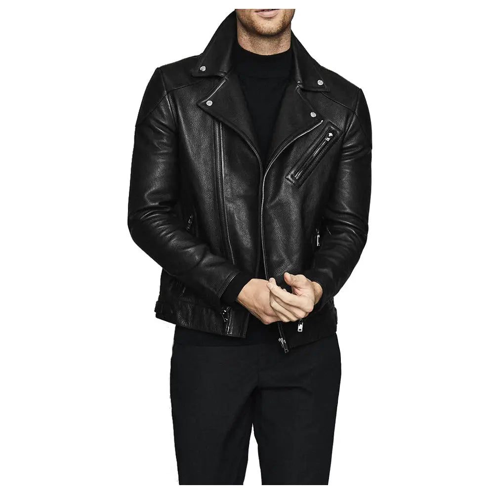 Men’s Fashion Biker Jacket with Three Zippered Pockets Leather-0