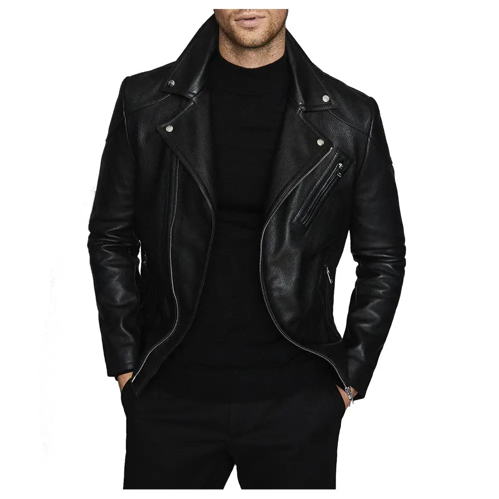 Men’s Fashion Biker Jacket with Three Zippered Pockets Leather-2