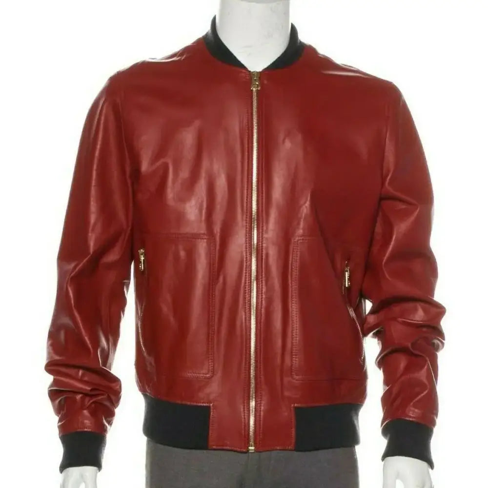 Men’s Red Leather Bomber Jacket-0